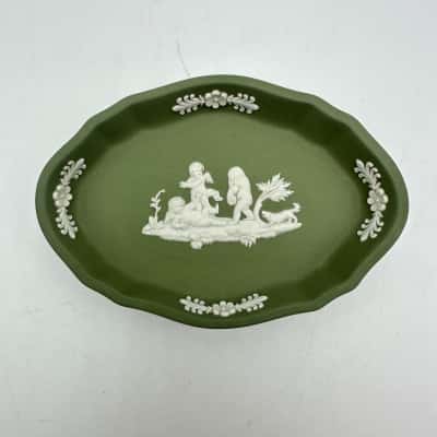 Wedgwood Small Sage Green Jasperware Oval Trinket Dish