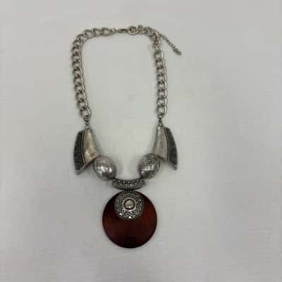  Womens Silver Tone & Wooden Boho Ethnic Tribal Style Bib Statement Necklace