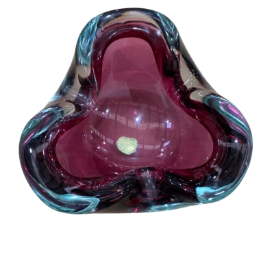 1960s Clear Burgundy & Teal Murano Glass Bowl