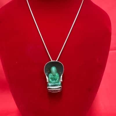  Women's Green Jadite Guayin Budda Pendant Necklace featuring a Silver Setting and Silver chain