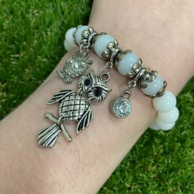  Womens White Stone Beaded Bracelet with Owl Charms