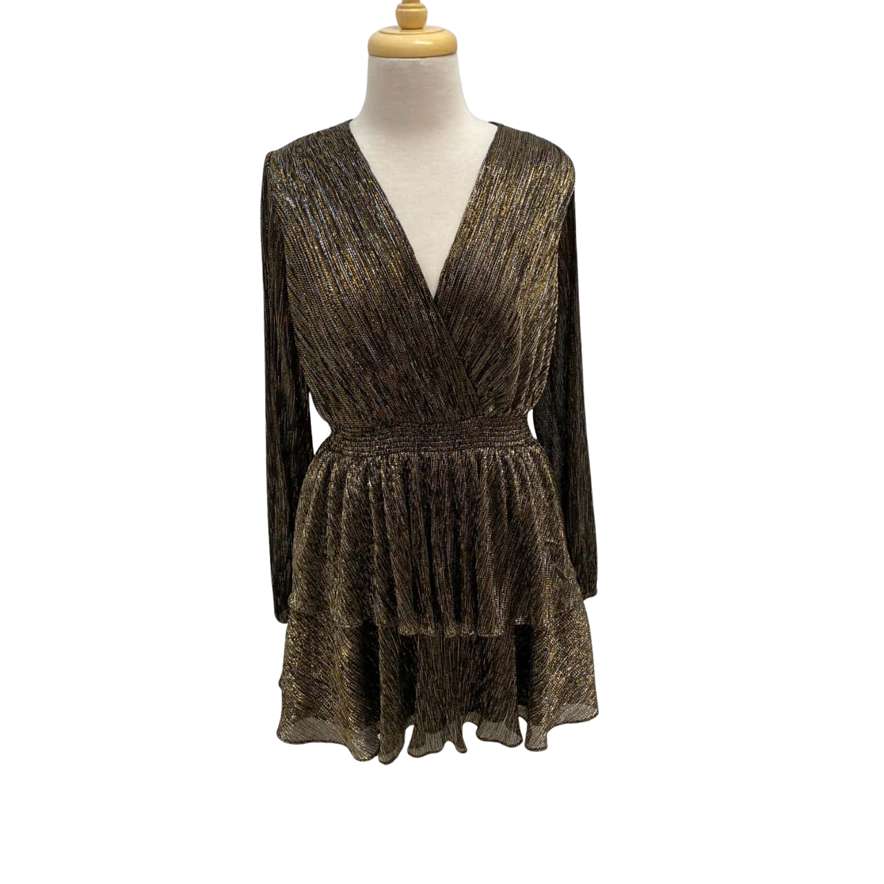 Keira Plisse Tiered Mini Dress in Black Metallic. Size 8. New with tags(s)