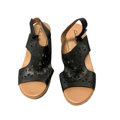 Clarks Womens  Size 9.5 Black Leather Cork Wedges 