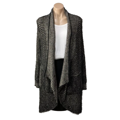 TS Womens Size M Black/ Beige Knitted Waterfall Open Longline Cardigan 