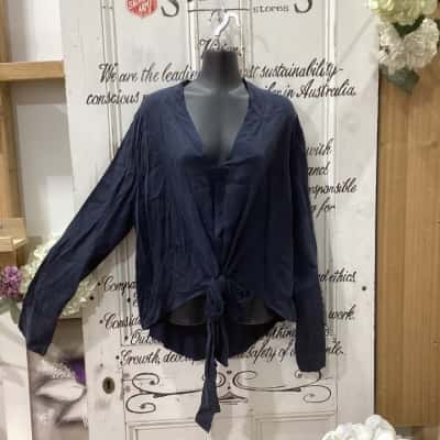 Adorne Brand! BNWT RRP $129.00! THE RYLIE CUPRONICKEL V-NECK TOP! Womens  Size 14 Long Sleeve Shirt Navy Blue 