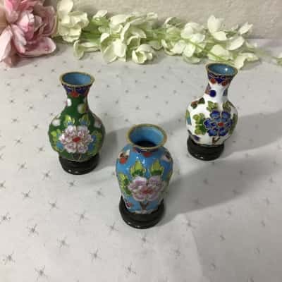 Collection of Chinese Cloisonne Enamel Multicoloured Floral Pattern Miniature Vases (x 3)