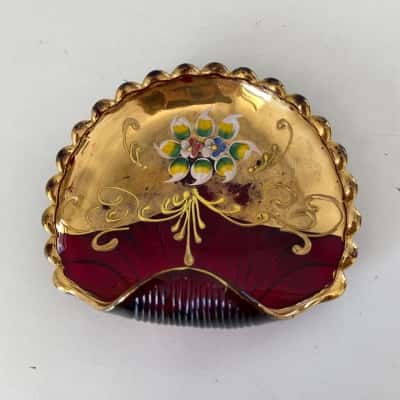 Vintage Ruby Red Glass Art Shell Shape Trinket Hand Painted Floral Pattern And Rich Gilding Made In Italy