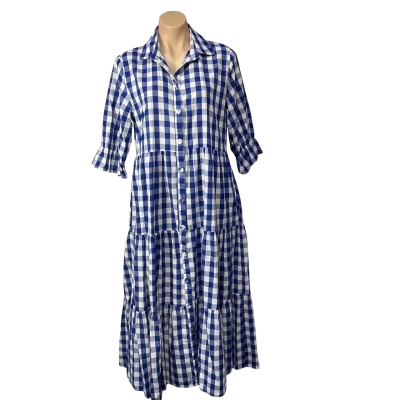 Worthier Womens Size S/ M Dark Blue / White Checked Tiered Midi Shirt Dress