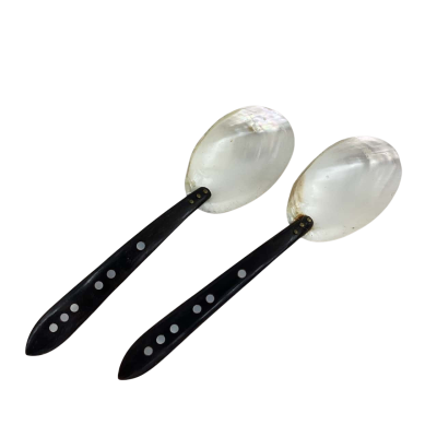 Lot of 2x Vintage Mother of Pearl and Horn Serving Spoons (as is , chip in one spoon, please see photos)