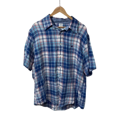 Brooks Brothers Mens Size XL White / Blue / Red Checked Linen Short Sleeve Shirt