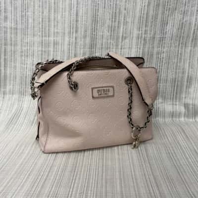 Guess Super Classy Creamy/Beige Embossed Handbag with Silver Tone Part Chain Handle Detail