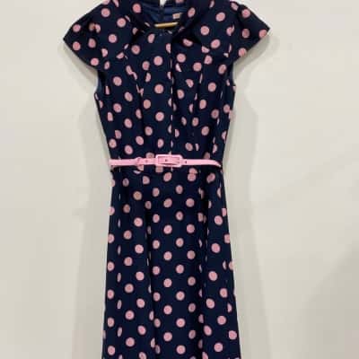 Review Womens  Size 8 Sleeveless Dress  Navy Blue / Pink  / Polka Dot 