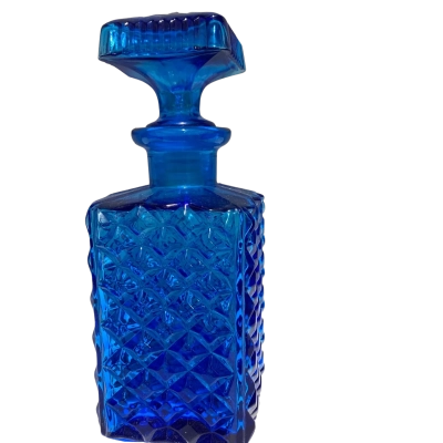 Vintage Mid Century Modern Colbalt Blue Pressed Glass Decanter with Diamond Point Pattern