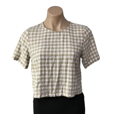 Sportsgirl Womens Size 4 Beige / White Checked Linen Blend Short Sleeve Cropped Top