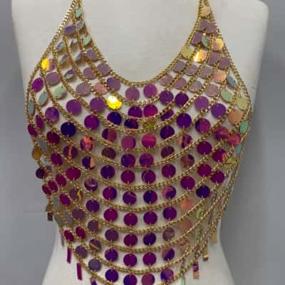  Womens Festival Pink Sequin and gold chain top. 