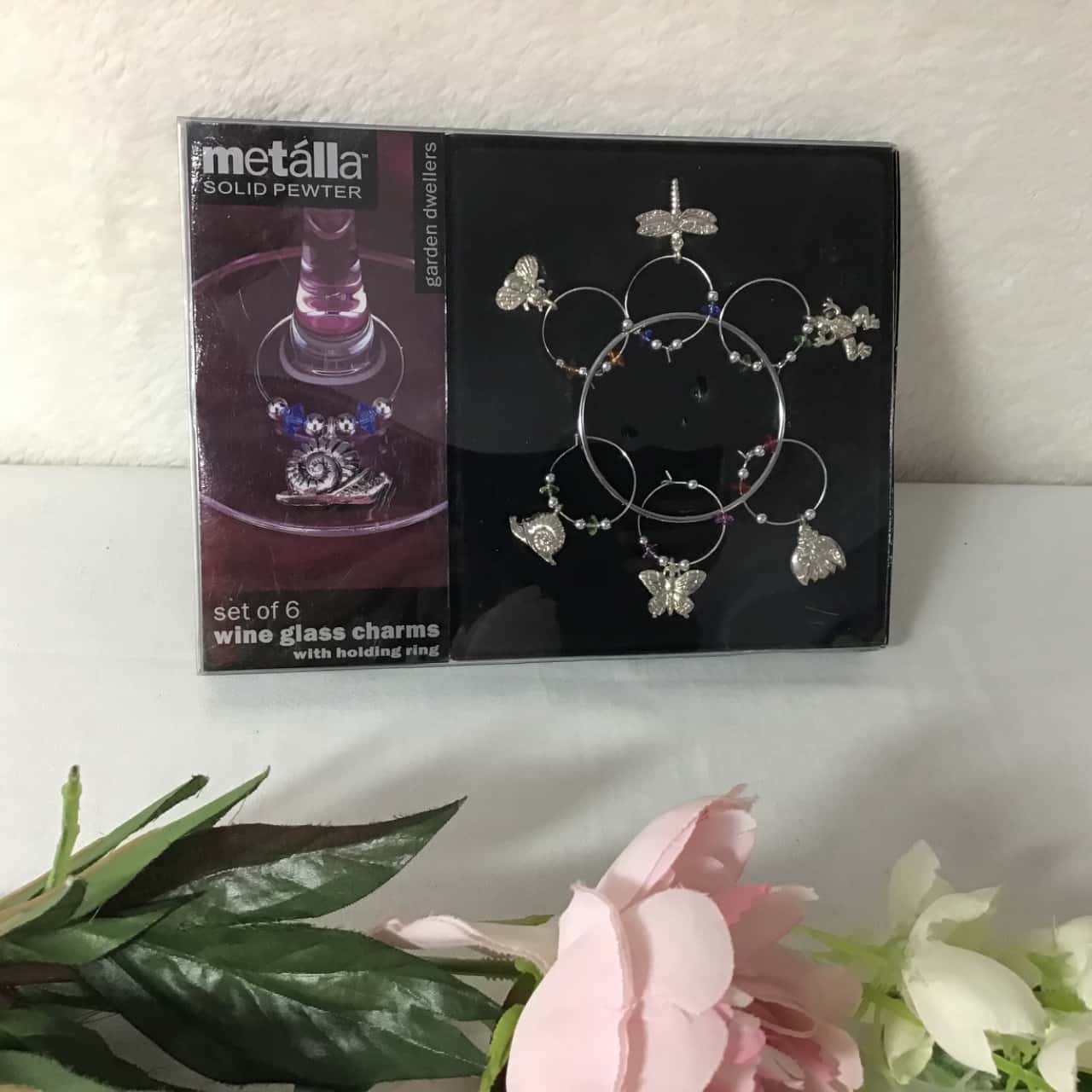 Metalla Solid Pewter Set of 6 Silver Garden Dwellers Wine Glass Charms