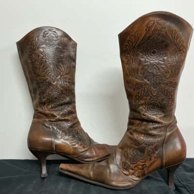 Womens Brown Leather Western Heeled Boots Size 38