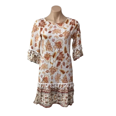 Miracle Womens Size 8 White / Burnt Orange / Pink  / Red / Beige Pattern Short Sleeve Dress