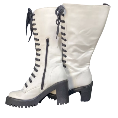 Public Desire Aneko Knee High Lace Up Chunky Boots in White Size 6 White 