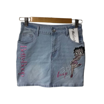 Romwe Womens Size S Pale Blue Denim / Embroidered Betty Boop / Star Mini Skirt (new) 