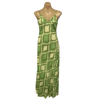 Privvy Womens Size 10 Green / Cream Pattern Linen Shoestring Strap Maxi Dress