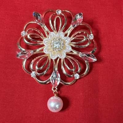  Women's Silver Tone Floral Brooch featuring Clear Rhinestone Petals & a Dangle Faux Pearl Accent