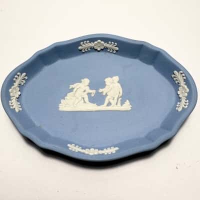 Vtg. Wedgwood Pale Blue Jasperware Oval Scalloped Trinket Dish