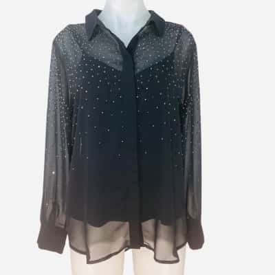 Melanie Lyne - Black Rhinestone Button Sheer Shirt (Size 10)
