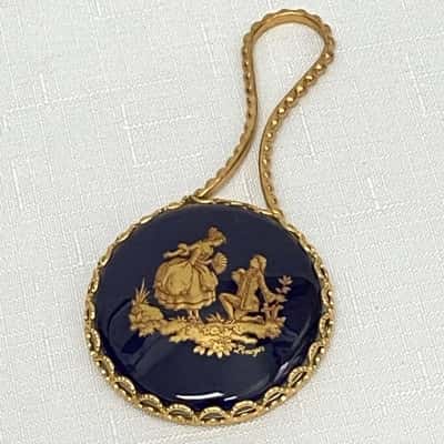 LIMOGES France Blue Porcelain Hand Mirror with "Lovers Scene"