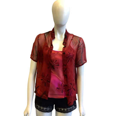 Ever Elegant Women's Size S Pure Silk Short Sleeved Shirt & Cami Pink & Red Pattern 