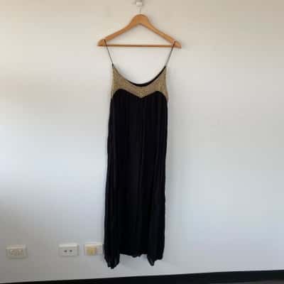 Ssen Black Gold Beaded Sleeveless Midi Dress  One Size 