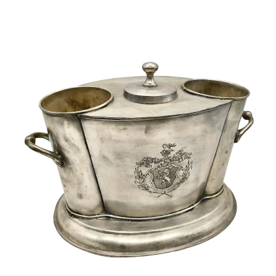 Chic French 1950's Double Wine Cooler With Coat Of Arms Engraving  (19cm x 30cm x 23cm) Silver Plate Mainly Worn Away But Overall Condition Is Excellent  (office)