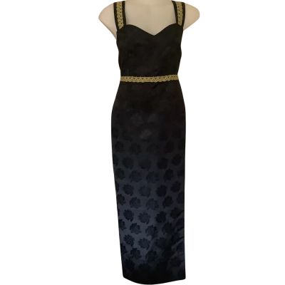 Vintage**  Black Floor Length Gown with Gold Lace Trim.  Size 12 