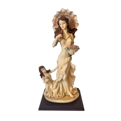 Decorative Mother & Daughter Figurine with Parasol & Pink Roses on Display Base
