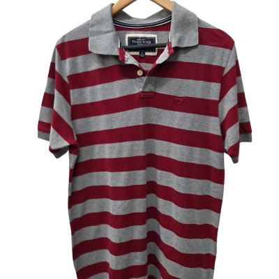  Mens Striped Grey and Maroon Polo Shirt, Size M