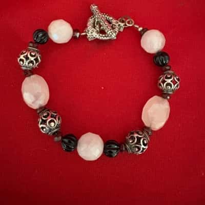  Women's Beaded Bracelet featuring White, Pink & Black Beads with Ornate Silver Beads