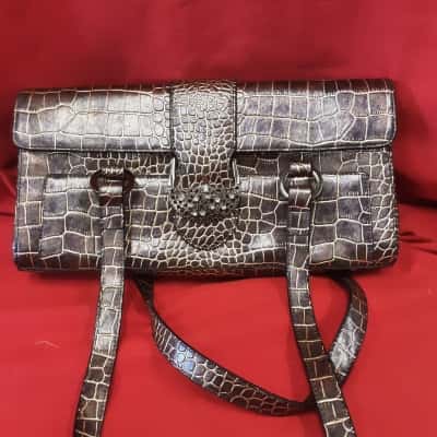 Modapelle rectangular iridescent Brown faux reptile gold print with dimante studied clasp handbag