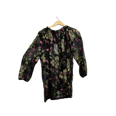 TS, Womens, Size 16, shoulderless, long sleeved with pink, blue and green florals, black sheer top