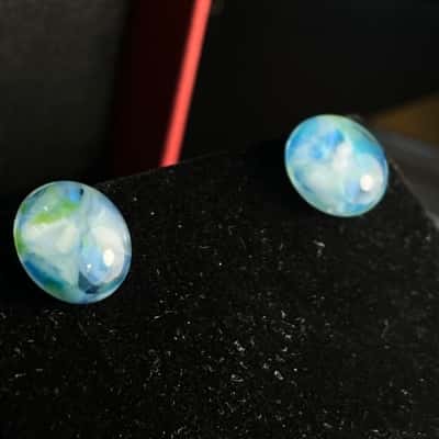 Glass Blue Green And White Studs - Silver Tone