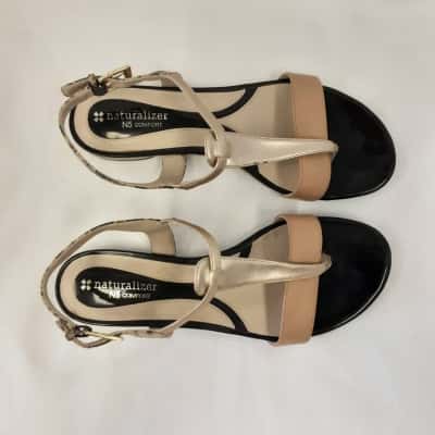 Naturalizer Womens  Size 7 Animal print / Beige / Black Fira Flat  Sandal Featuring Mixed Material An Elegant Gold T-strap Design And Low Block Heel 