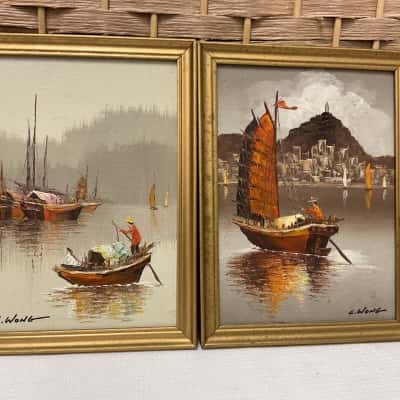 Vintage Pair Framed Wong Sailboats Oil on Wood signed L Wong Hong Kong Nautical Birthday Gift Dad Father Collectable Antique Art 1950-1959