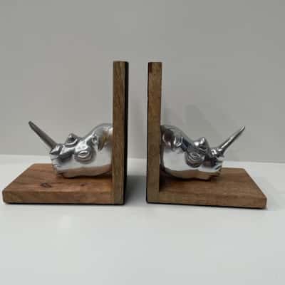 Rhino head bookends wood and metal