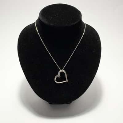 925 Sterling Silver Half Diamonte Heart Pendant Necklace 