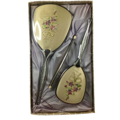 Vintage embroidered vanity set mirror hairbrush & comb