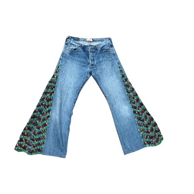 Upcycled Retro Levis 501 Flared Crochet Jeans Size 30