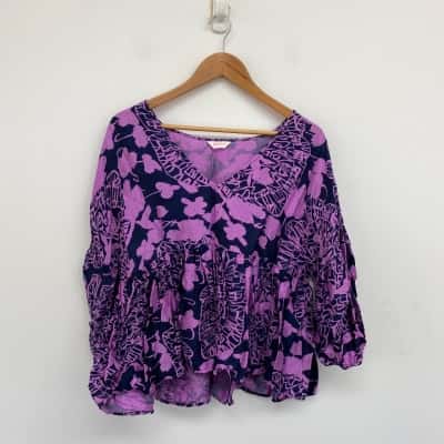 Gorman Blue Purple Pattern Long SLeeve Blouse Top Size 14 