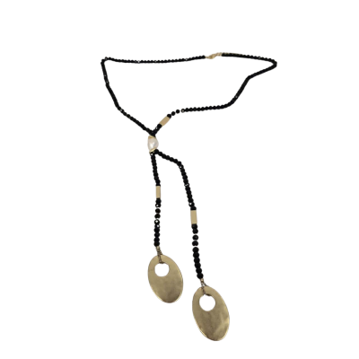  Womens Glass Black Faceted Bead, Pearl and Hammered Gold Plate Metal