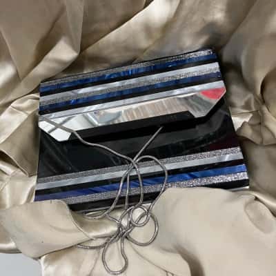 Mimco Womens Hard Shell Evening Bag Black  / Blue / Silver 