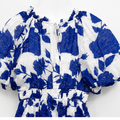 Aje Blue and White Floral Puff-Sleeve Midi Dress – Size 12