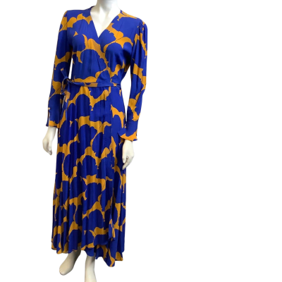 New - Mister Zimi Womens  Size 10 Petal Wrap Midi Dress Cobalt / Mustard